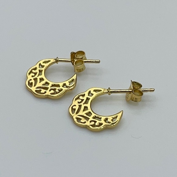 14k Gold Crescent Moon Half Hoops 925 Sterling Silver - Picture 6 of 7